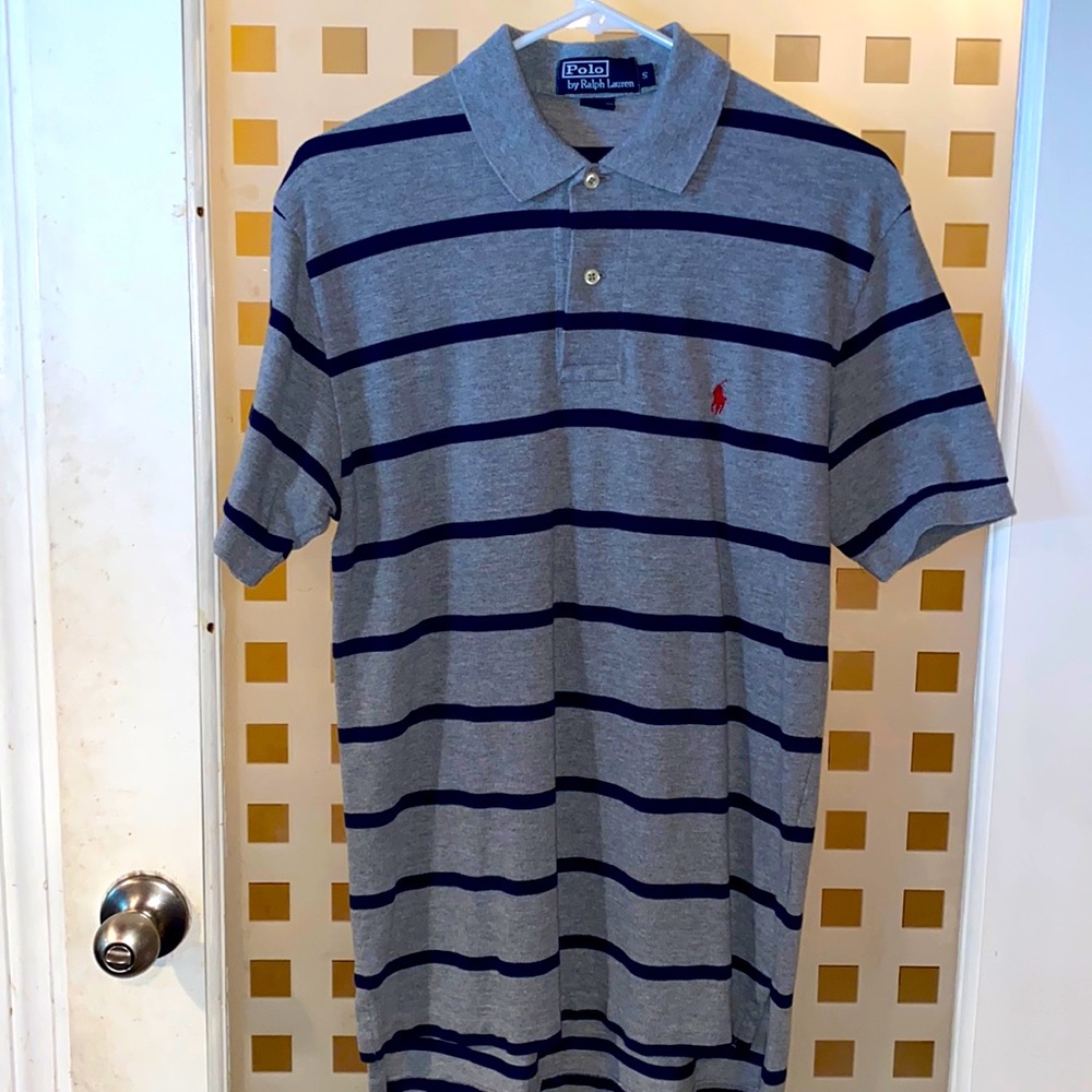 Blue stripe, gray base with red emblem Polo